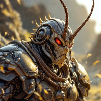 The primary subject of the image is a robot with a metallic appearance. The robot is wearing a mask and has a distinctive design. The setting is a rocky outdoor environment, with the robot standing in front of a mountain. The visual style of the image is a combination of photo and digital art, creating a unique and intriguing appearance. The colors and mood of the image are dark and mysterious, with the robot's mask and the rocky backdrop contributing to the overall atmosphere.